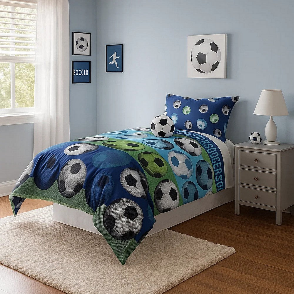 4 Piece Full Size Comforter Set with Soccer Theme, Multicolor - BM225200