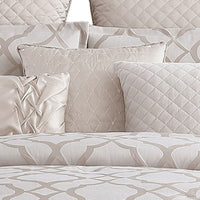 9pc Queen Size Comforter Set with Quatrefoil Prints, White Polyester BM225202