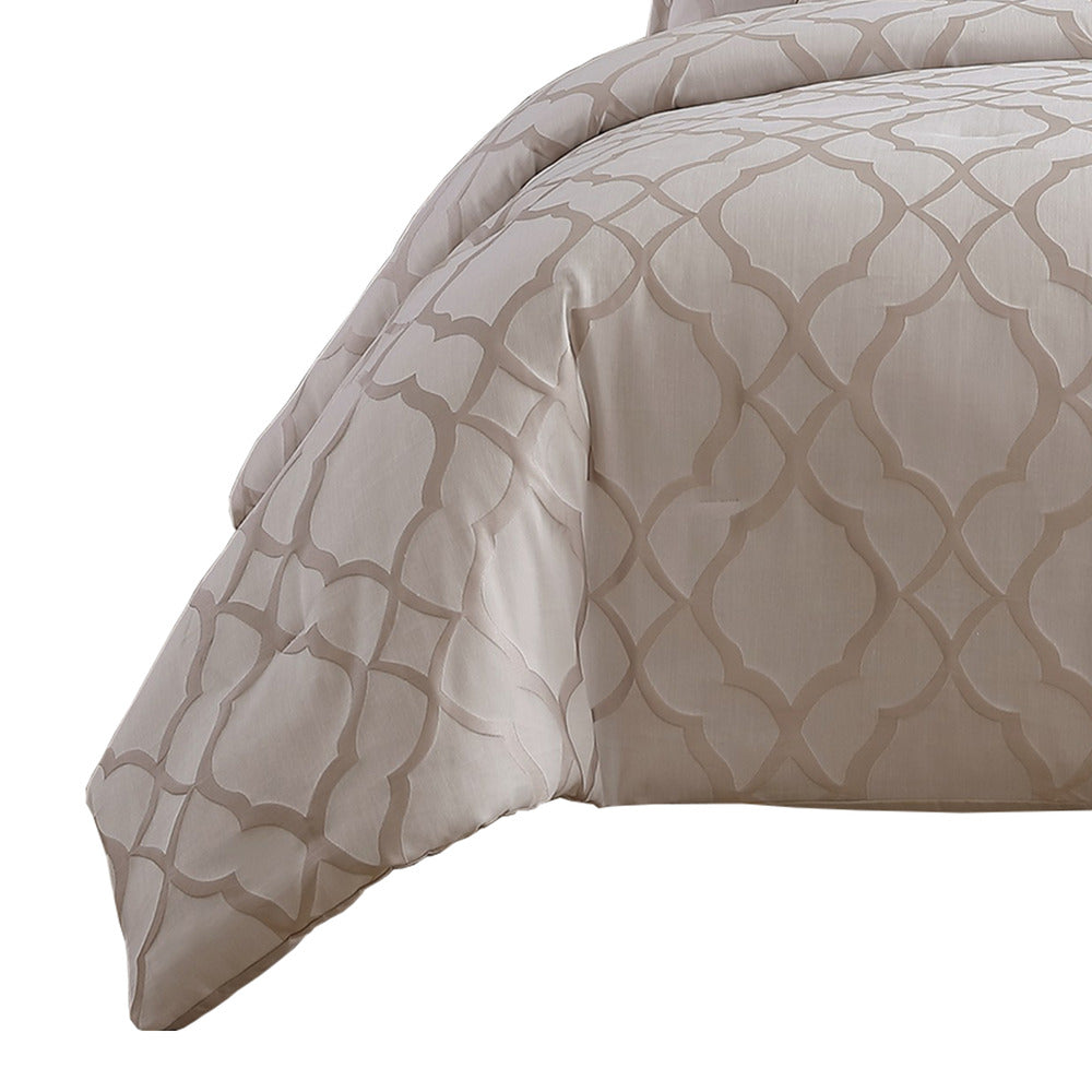 9pc Queen Size Comforter Set with Quatrefoil Prints, White Polyester BM225202