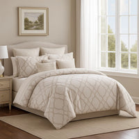 9pc Queen Size Comforter Set with Quatrefoil Prints, White Polyester BM225202