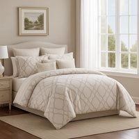 9pc Queen Size Comforter Set with Quatrefoil Prints, White Polyester BM225202