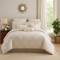9pc Queen Size Comforter Set with Quatrefoil Prints, White Polyester BM225202