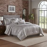 King Size 7 Piece Fabric Comforter Set with Crinkle Texture, Silver - BM225205
