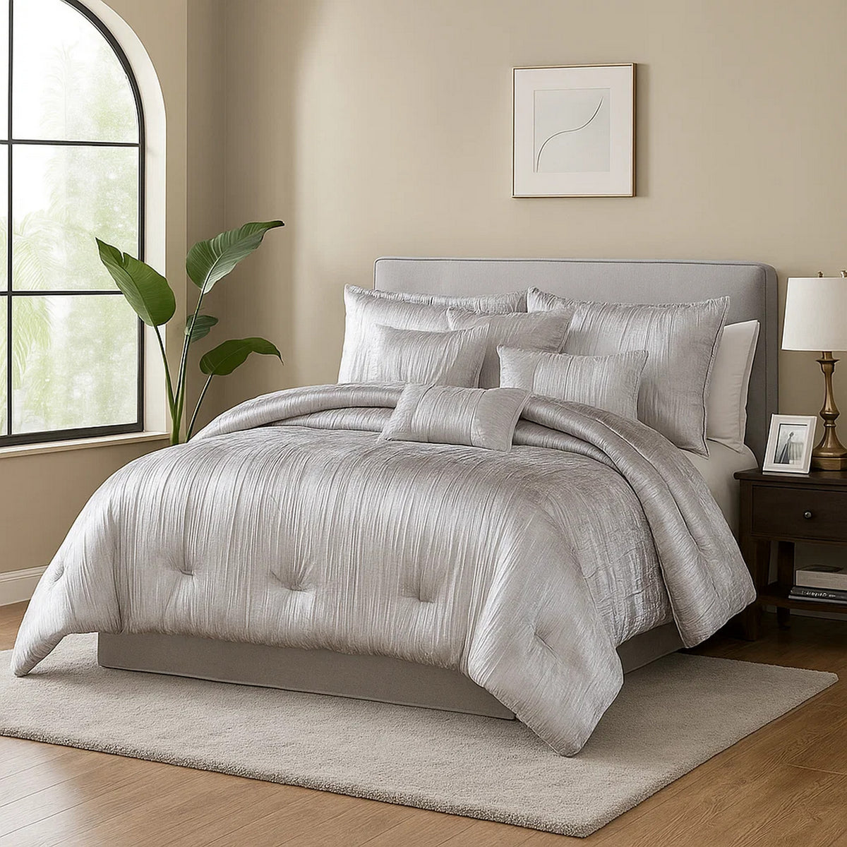 King Size 7 Piece Fabric Comforter Set with Crinkle Texture, Silver - BM225205