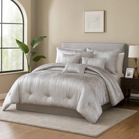 King Size 7 Piece Fabric Comforter Set with Crinkle Texture, Silver - BM225205