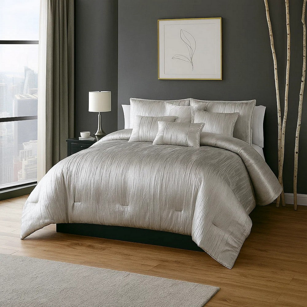 Queen Size 7 Piece Fabric Comforter Set with Crinkle Texture, Silver - BM225206