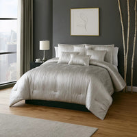 Queen Size 7 Piece Fabric Comforter Set with Crinkle Texture, Silver - BM225206