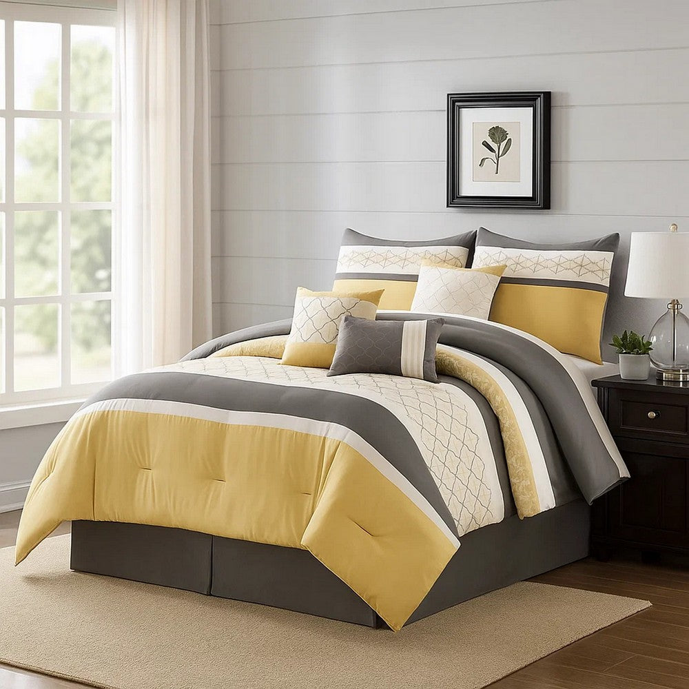 Quatrefoil Print King Size 7 Piece Fabric Comforter Set, Yellow and Gray - BM225207