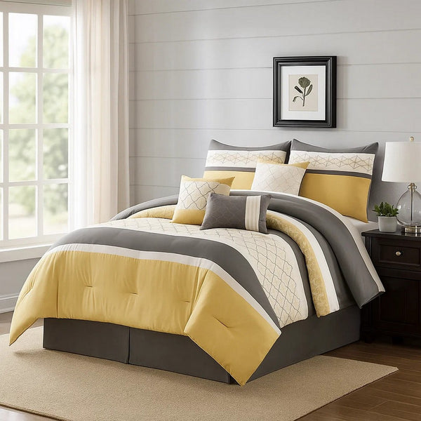 Quatrefoil Print King Size 7 Piece Fabric Comforter Set, Yellow and Gray - BM225207