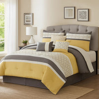Quatrefoil Print Queen Size 7 Piece Fabric Comforter Set, Yellow and Gray - BM225208