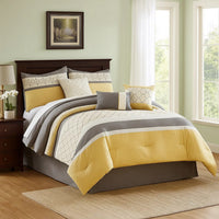 Quatrefoil Print Queen Size 7 Piece Fabric Comforter Set, Yellow and Gray - BM225208