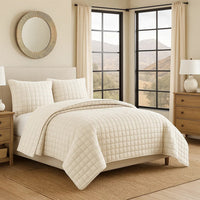 3 Piece King Size Coverlet Set with Stitched Square Pattern, Cream - BM225233