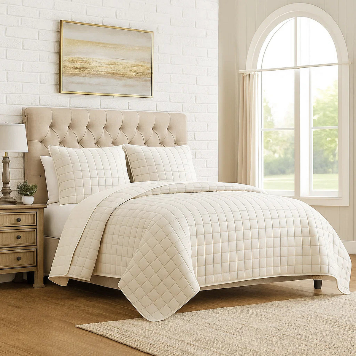 3 Piece King Size Coverlet Set with Stitched Square Pattern, Cream - BM225233