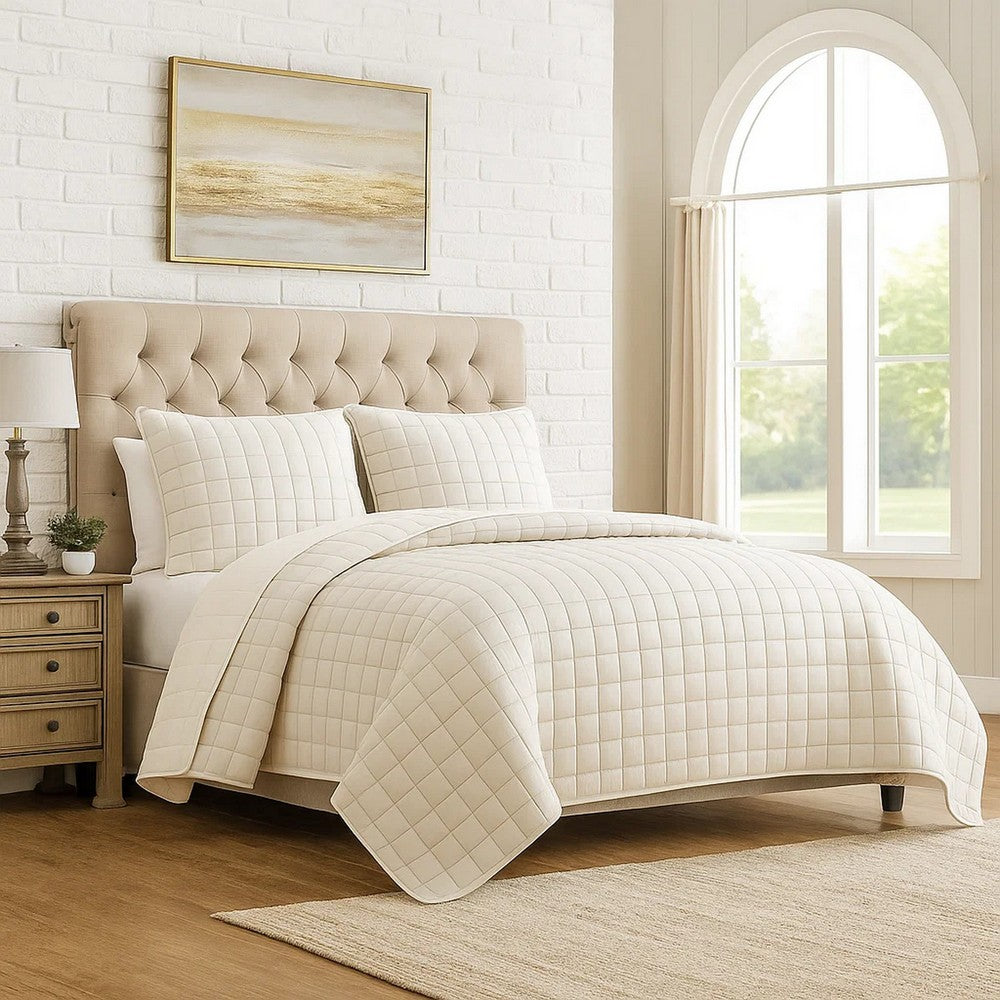 3 Piece King Size Coverlet Set with Stitched Square Pattern, Cream - BM225233
