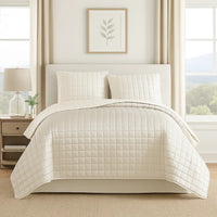 3 Piece Queen Size Coverlet Set with Stitched Square Pattern, Cream - BM225234
