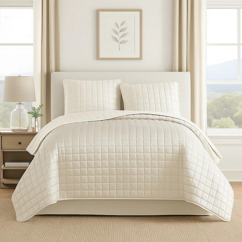 3 Piece Queen Size Coverlet Set with Stitched Square Pattern, Cream - BM225234