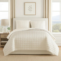 3 Piece Queen Size Coverlet Set with Stitched Square Pattern, Cream - BM225234