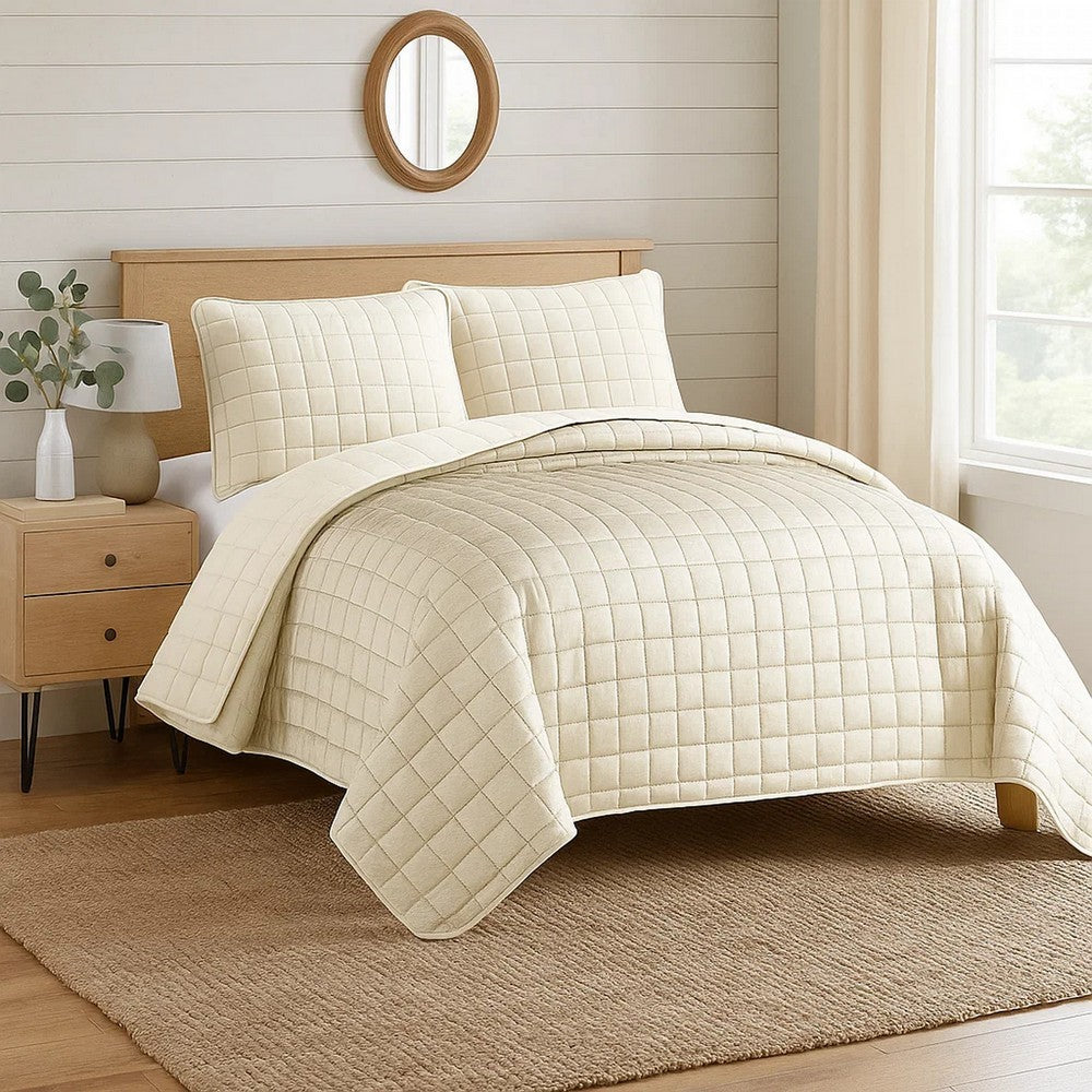 3 Piece Queen Size Coverlet Set with Stitched Square Pattern, Cream - BM225234