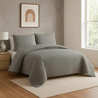 3 Piece Crinkles Queen Size Coverlet Set with Vertical Stitching, Gray - BM225246