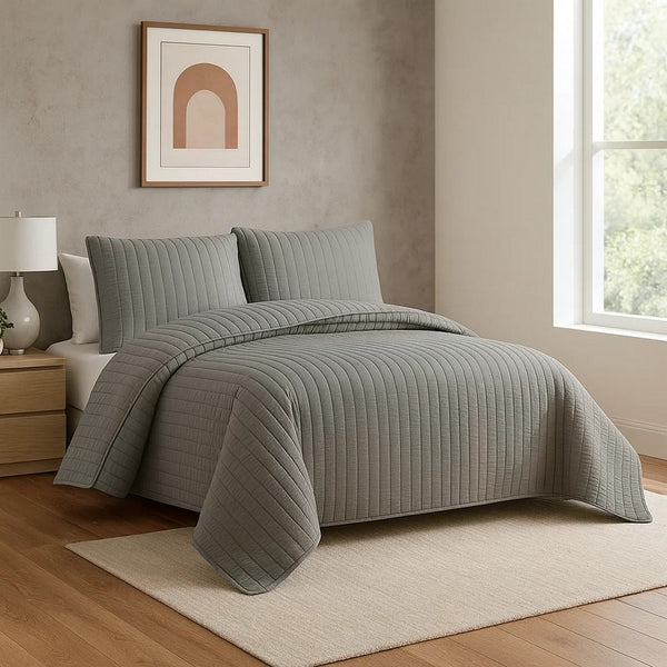 3 Piece Crinkles Queen Size Coverlet Set with Vertical Stitching, Gray - BM225246