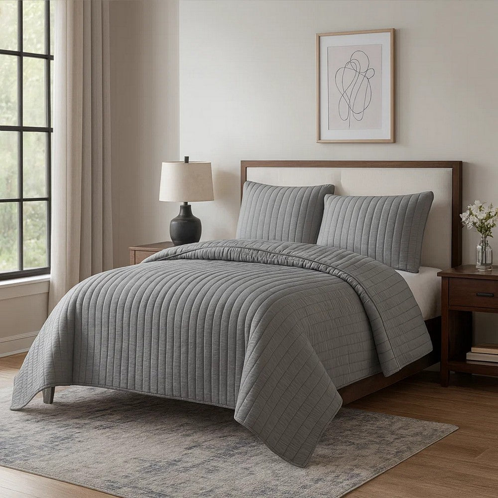 3 Piece Crinkles Queen Size Coverlet Set with Vertical Stitching, Gray - BM225246