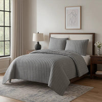3 Piece Crinkles Queen Size Coverlet Set with Vertical Stitching, Gray - BM225246