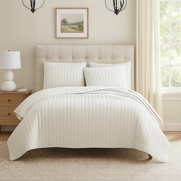3 Piece Crinkles King Size Coverlet Set with Vertical Stitching, White - BM225247