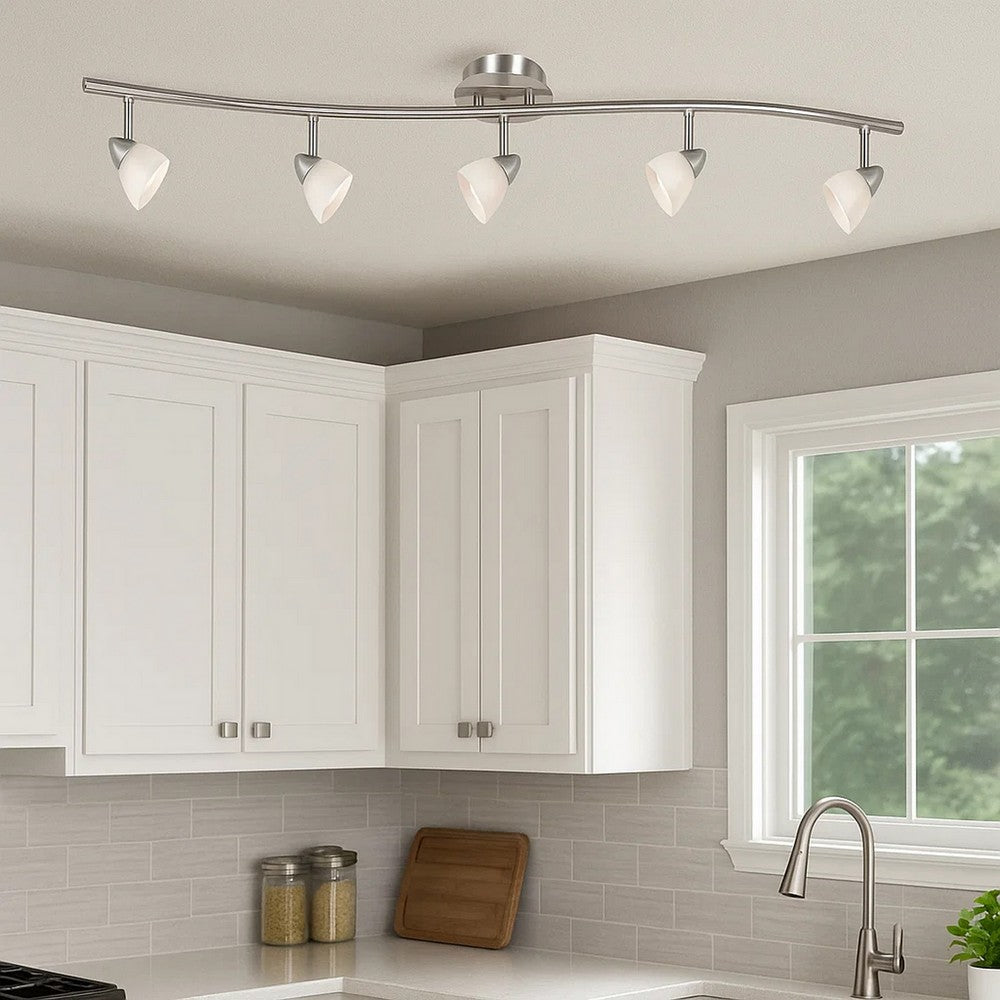 5 Light 120V Metal Track Light Fixture with Glass Shade, White and Silver - BM225641