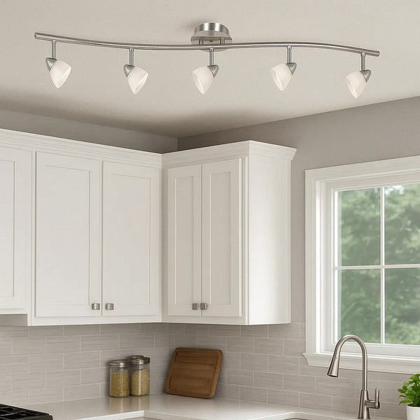 5 Light 120V Metal Track Light Fixture with Glass Shade, White and Silver - BM225641