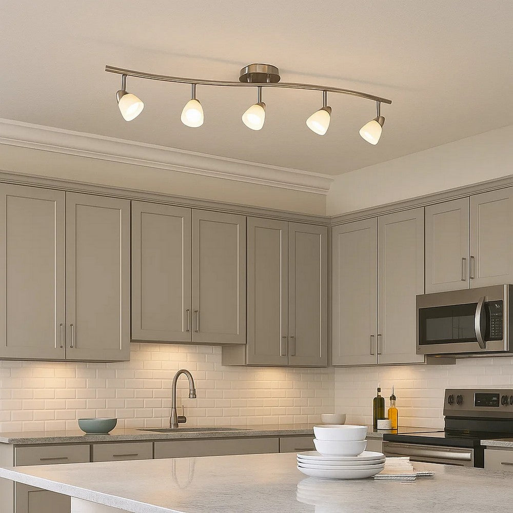 5 Light 120V Metal Track Light Fixture with Glass Shade, White and Silver - BM225641