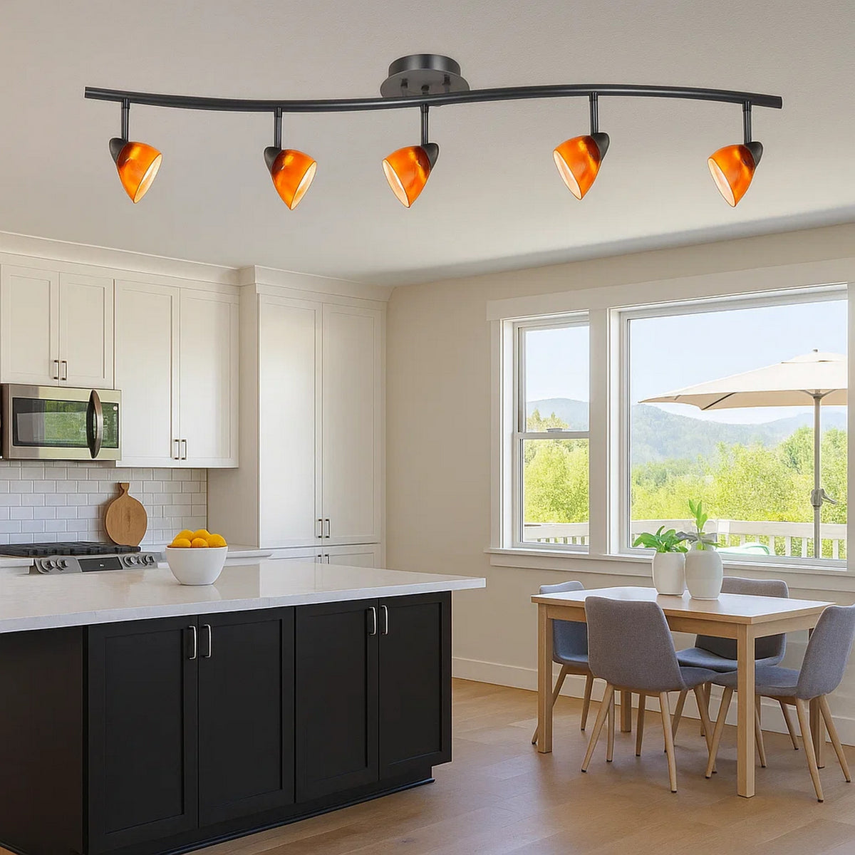 5 Light 120V Metal Track Light Fixture with Glass Shade, Black and Orange - BM225644