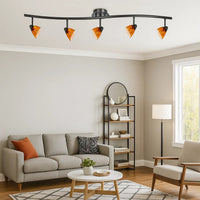 5 Light 120V Metal Track Light Fixture with Glass Shade, Black and Orange - BM225644