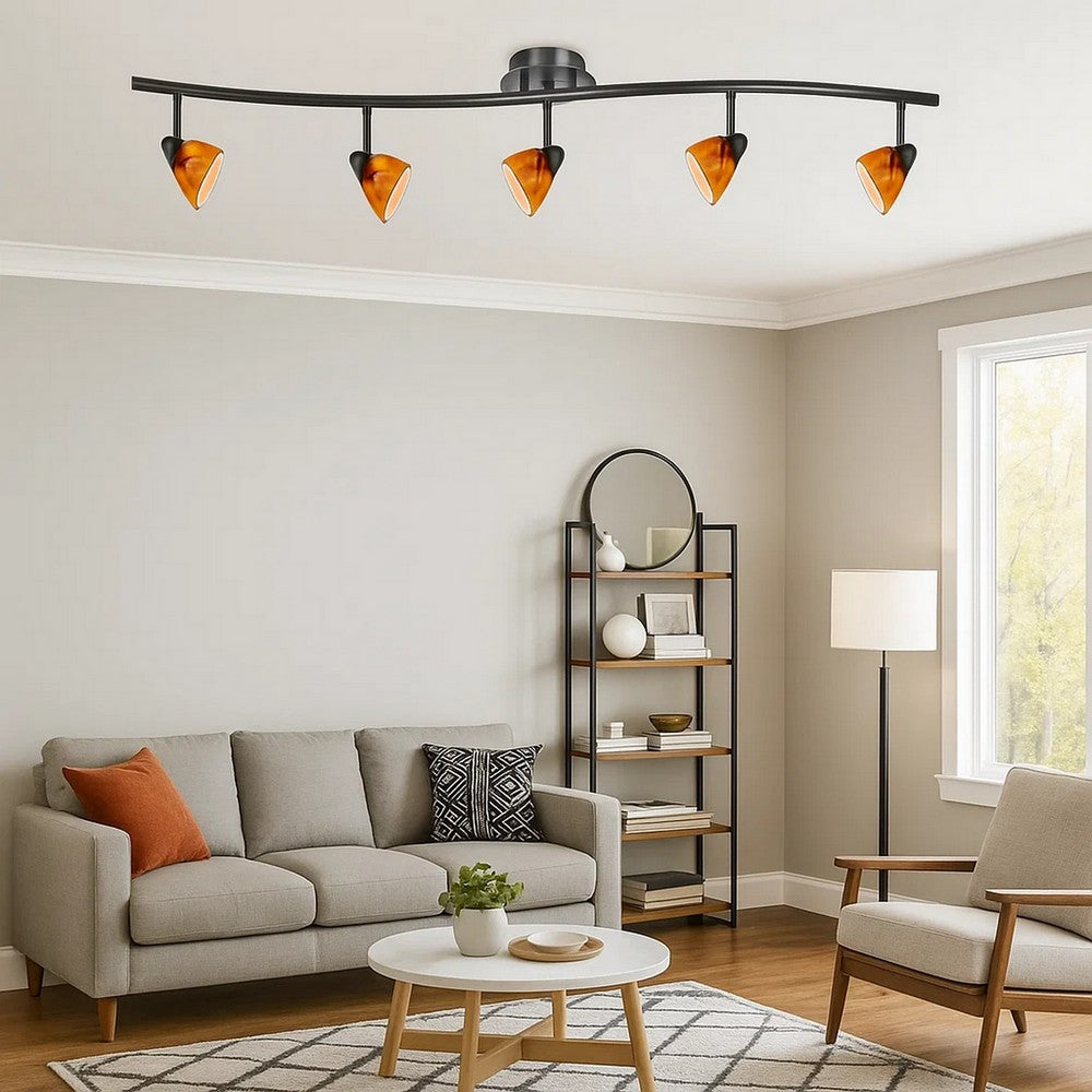 5 Light 120V Metal Track Light Fixture with Glass Shade, Black and Orange - BM225644