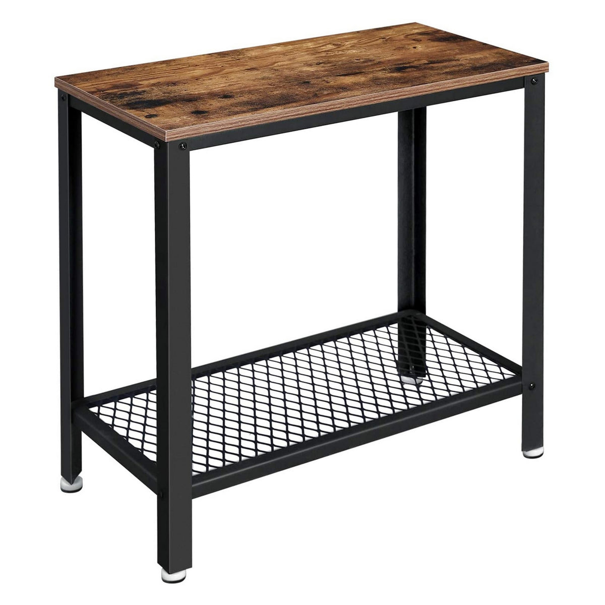 Wooden Top Side Table with 1 Mesh Metal Shelf, Brown and Black - BM225657