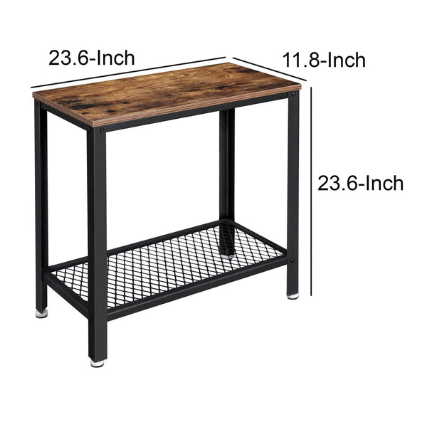 Wooden Top Side Table with 1 Mesh Metal Shelf, Brown and Black - BM225657