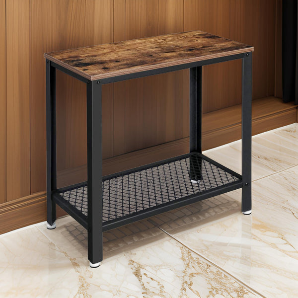 Wooden Top Side Table with 1 Mesh Metal Shelf, Brown and Black - BM225657