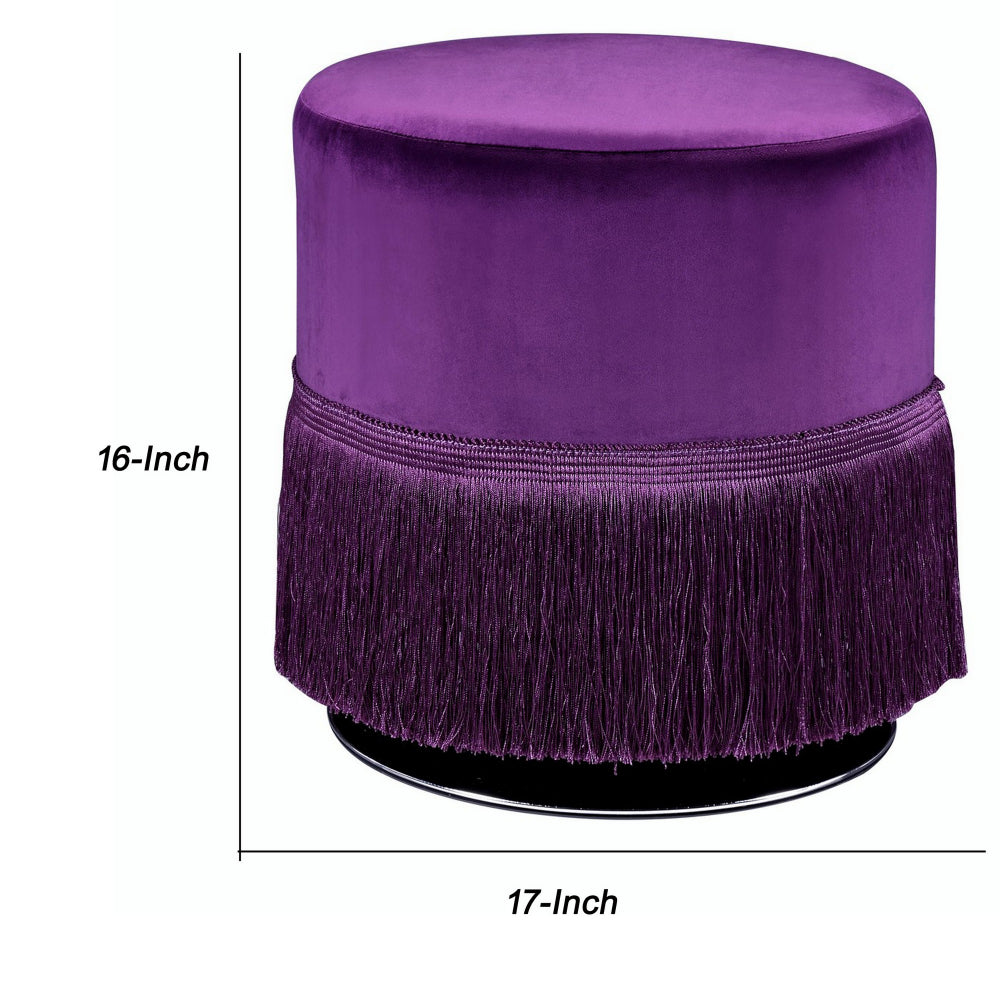 Fabric Upholstered Round Ottoman with Fringes and Metal Base, Purple - BM225687