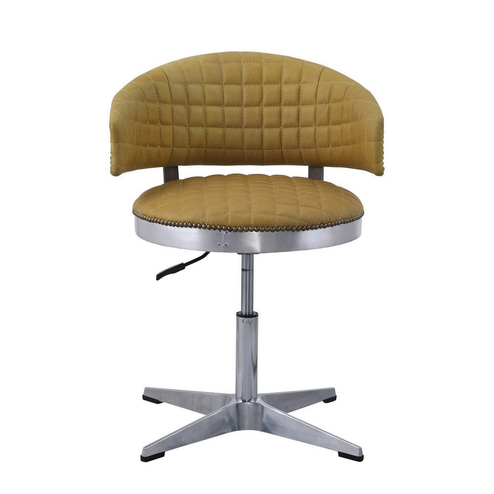 Swivel Leatherette Chair with Curved Back and Metal Star Base, Yellow - BM225688