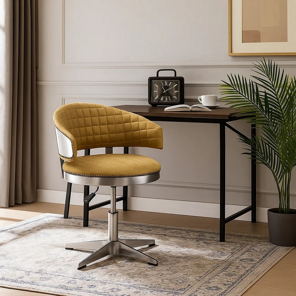 Swivel Leatherette Chair with Curved Back and Metal Star Base, Yellow - BM225688