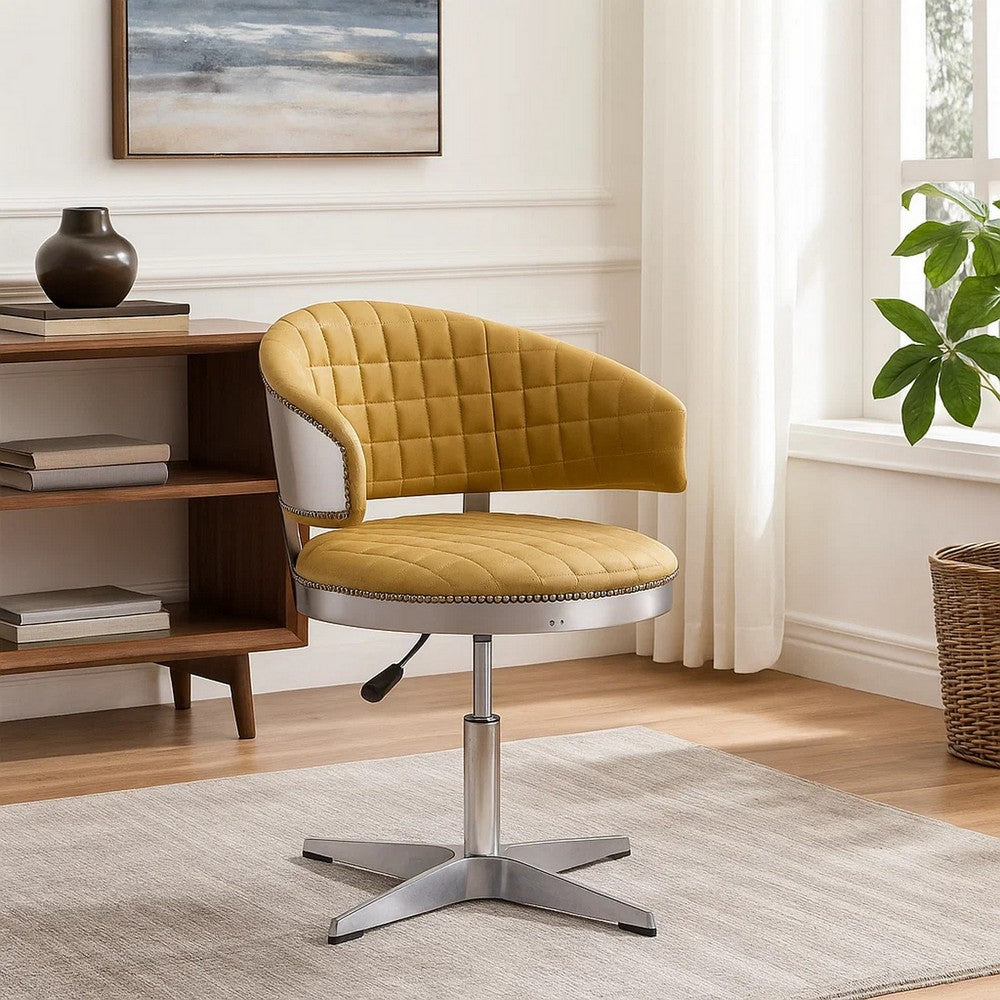 Swivel Leatherette Chair with Curved Back and Metal Star Base, Yellow - BM225688