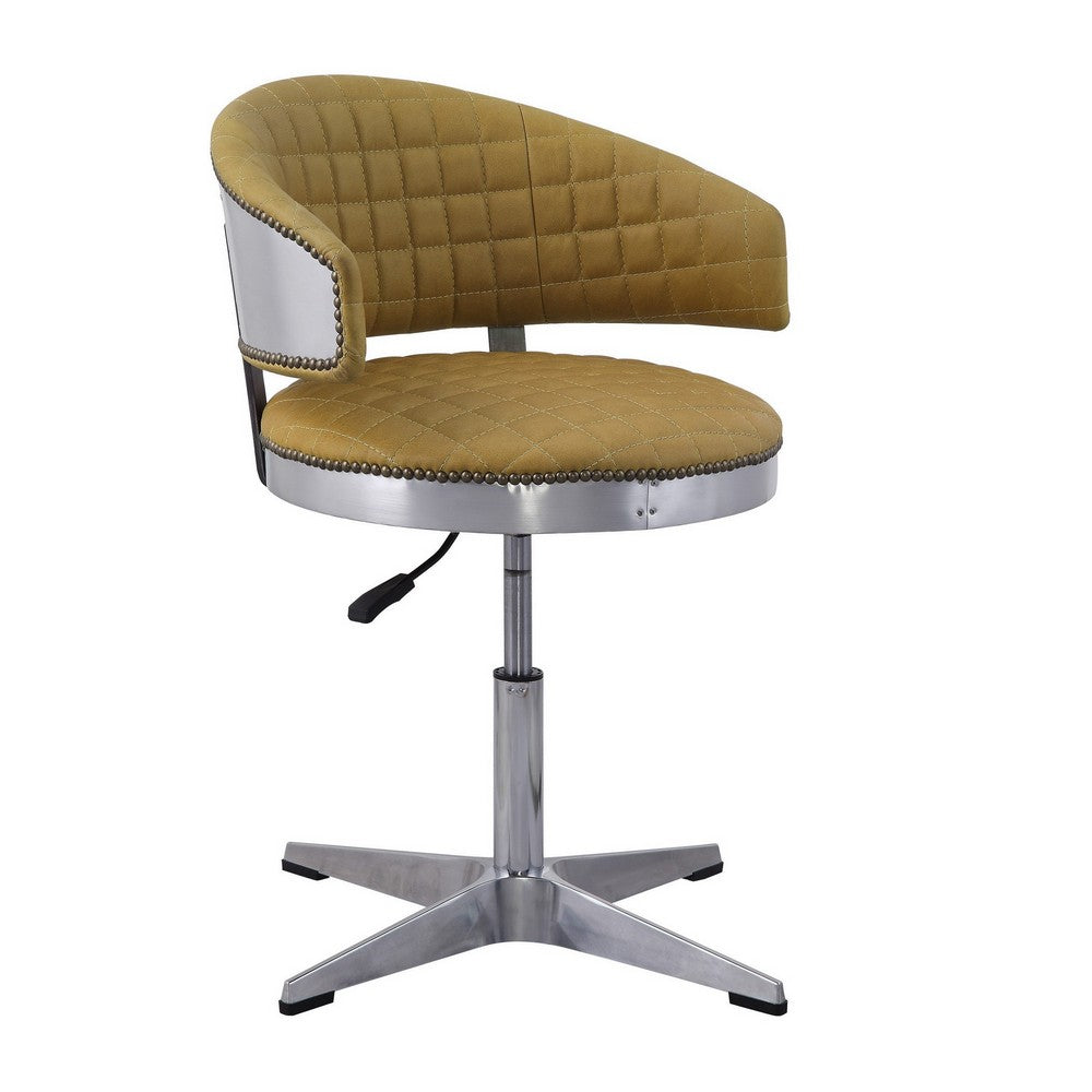 Swivel Leatherette Chair with Curved Back and Metal Star Base, Yellow - BM225688