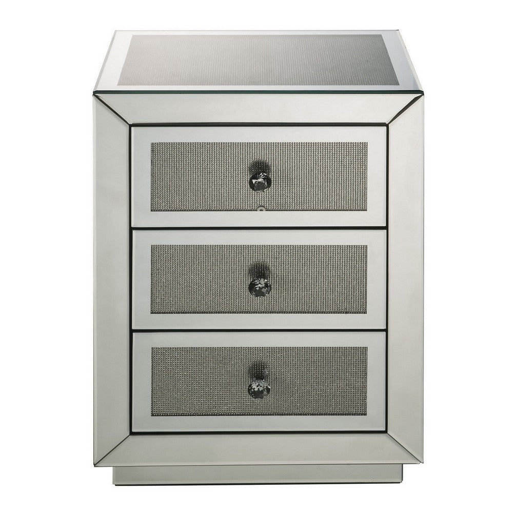 3 Drawer Mirrored Accent Table with Faux Diamond Inlay, Silver - BM225699
