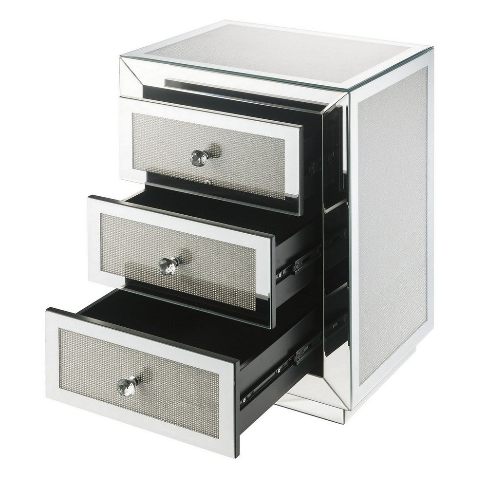 3 Drawer Mirrored Accent Table with Faux Diamond Inlay, Silver - BM225699