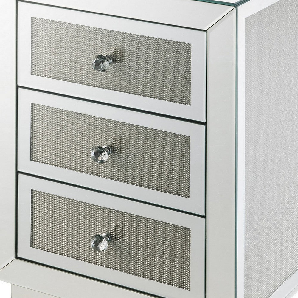 3 Drawer Mirrored Accent Table with Faux Diamond Inlay, Silver - BM225699