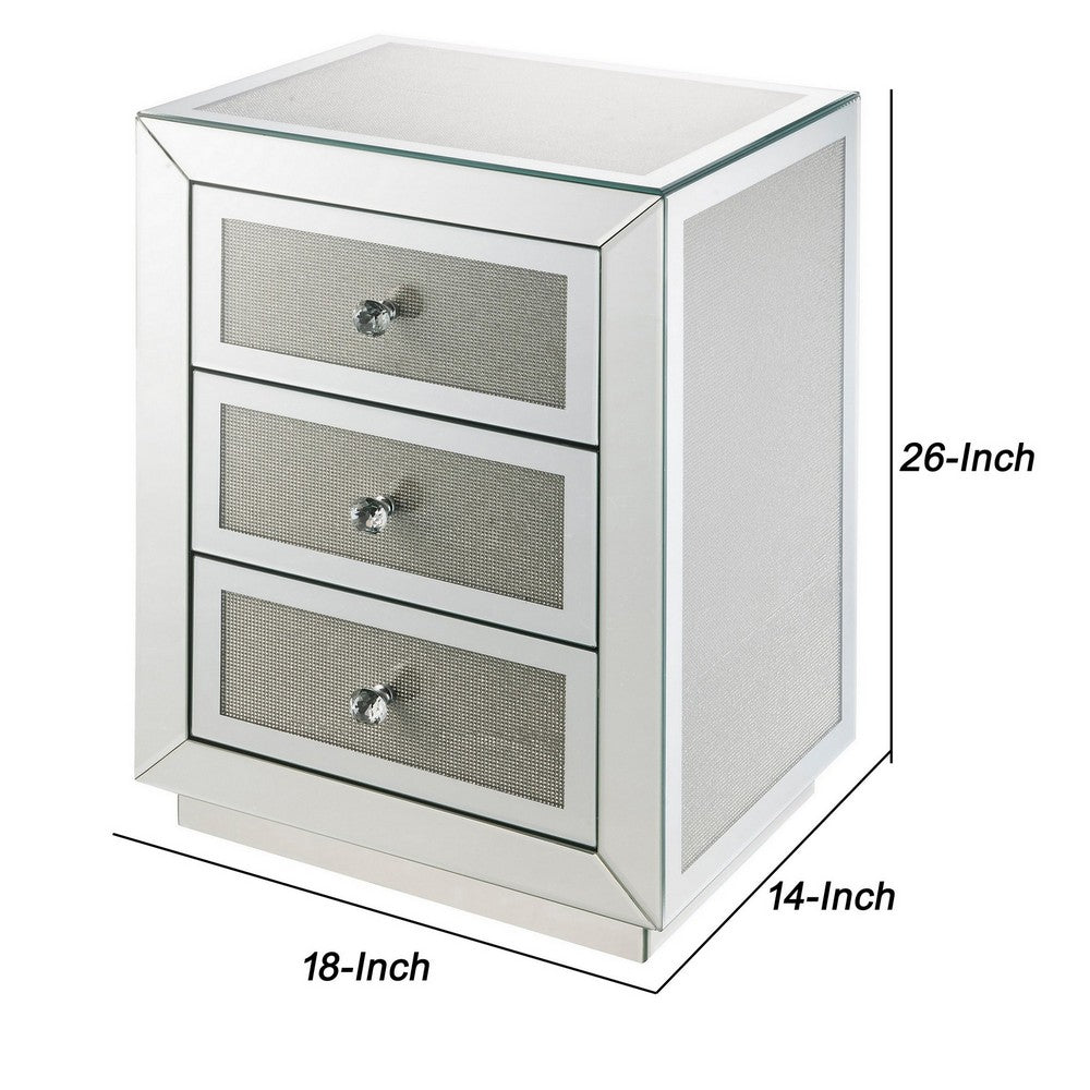 3 Drawer Mirrored Accent Table with Faux Diamond Inlay, Silver - BM225699