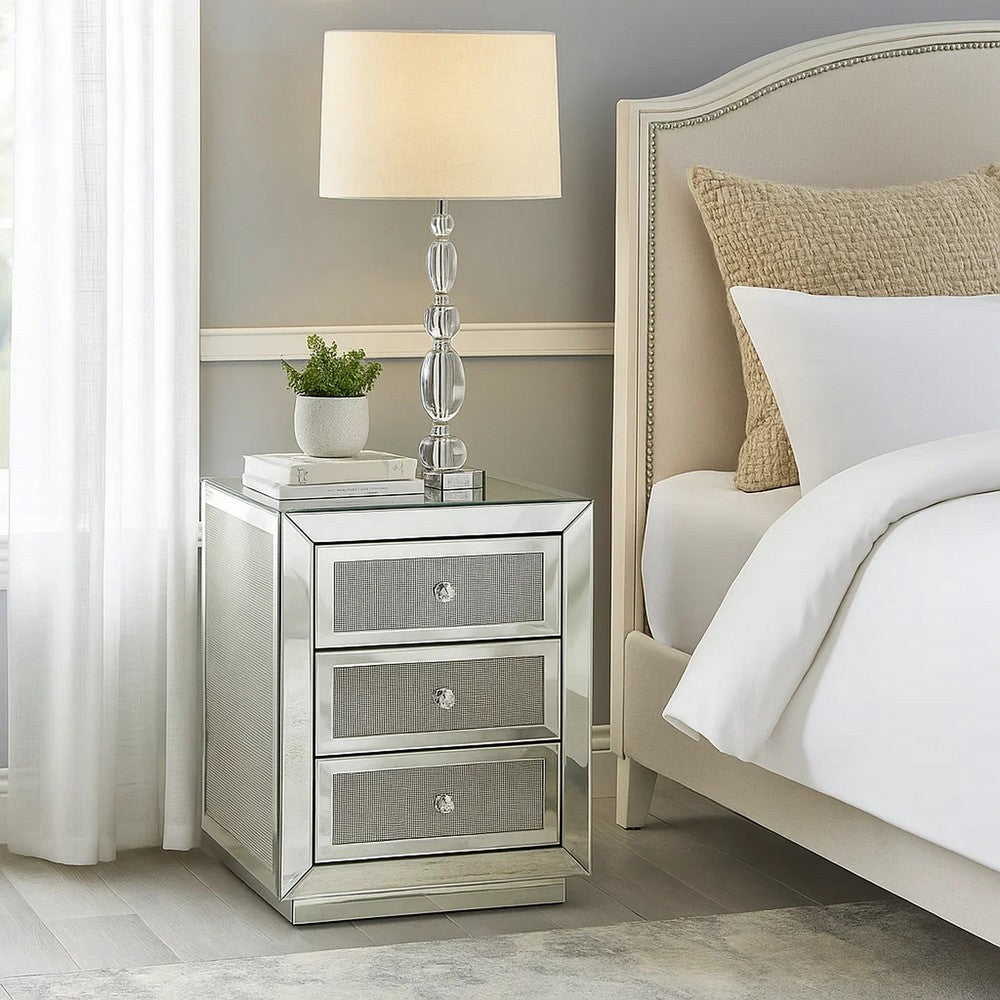 3 Drawer Mirrored Accent Table with Faux Diamond Inlay, Silver - BM225699