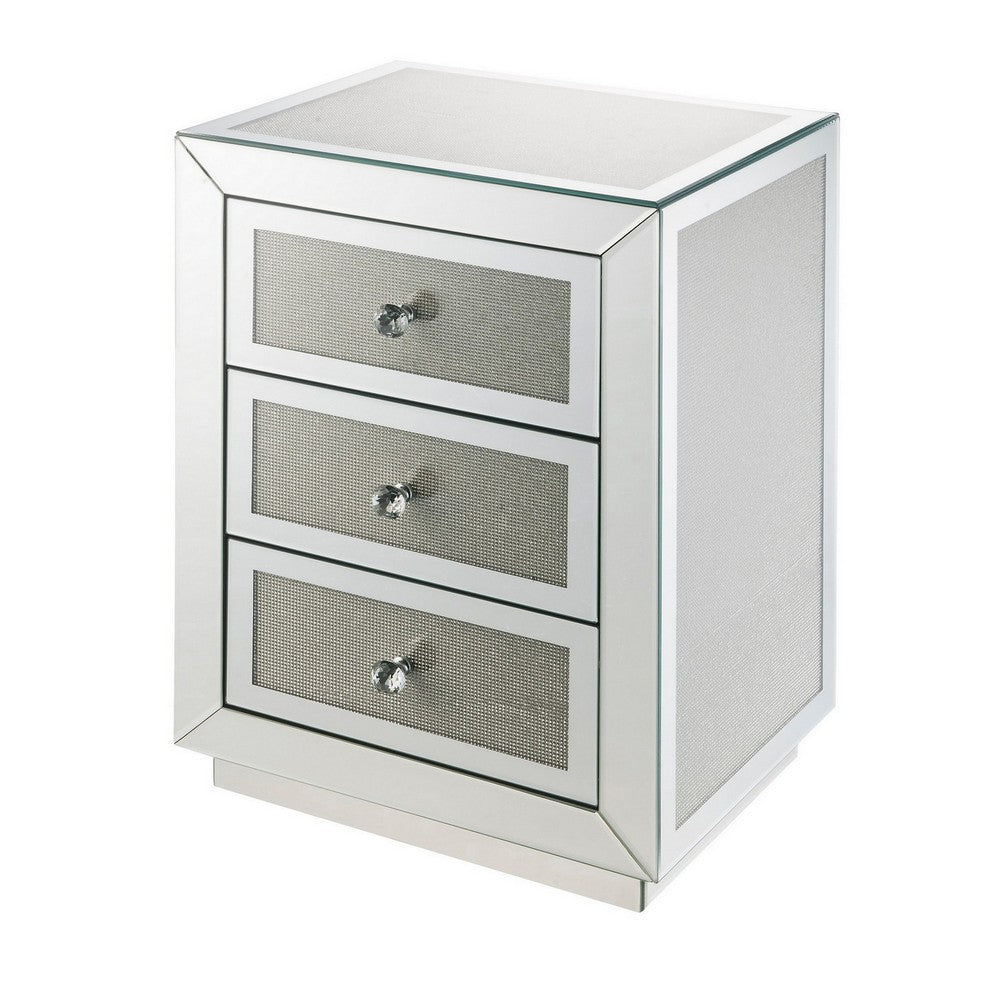 3 Drawer Mirrored Accent Table with Faux Diamond Inlay, Silver - BM225699