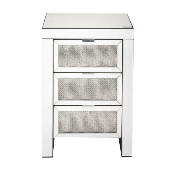 3 Drawer Beveled Mirrored Accent Table with Faux Diamond Inlay, Silver - BM225700
