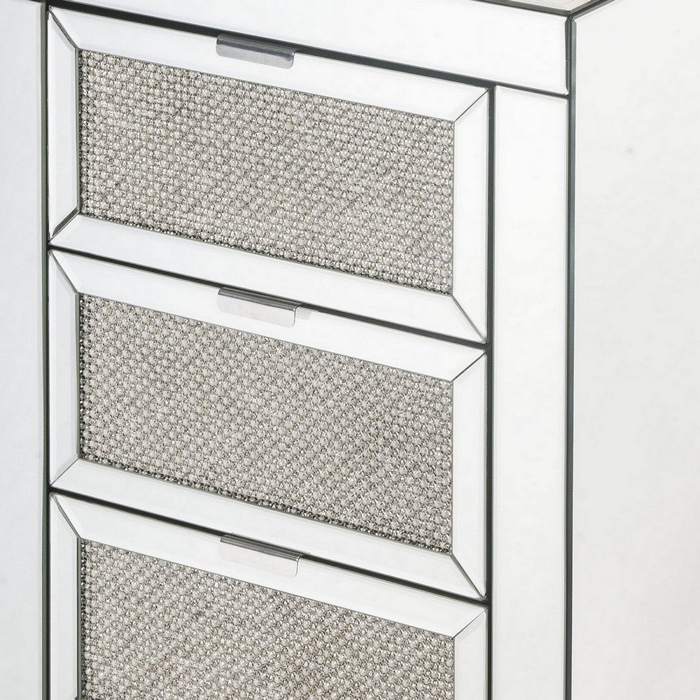3 Drawer Beveled Mirrored Accent Table with Faux Diamond Inlay, Silver - BM225700