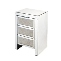 3 Drawer Beveled Mirrored Accent Table with Faux Diamond Inlay, Silver - BM225700